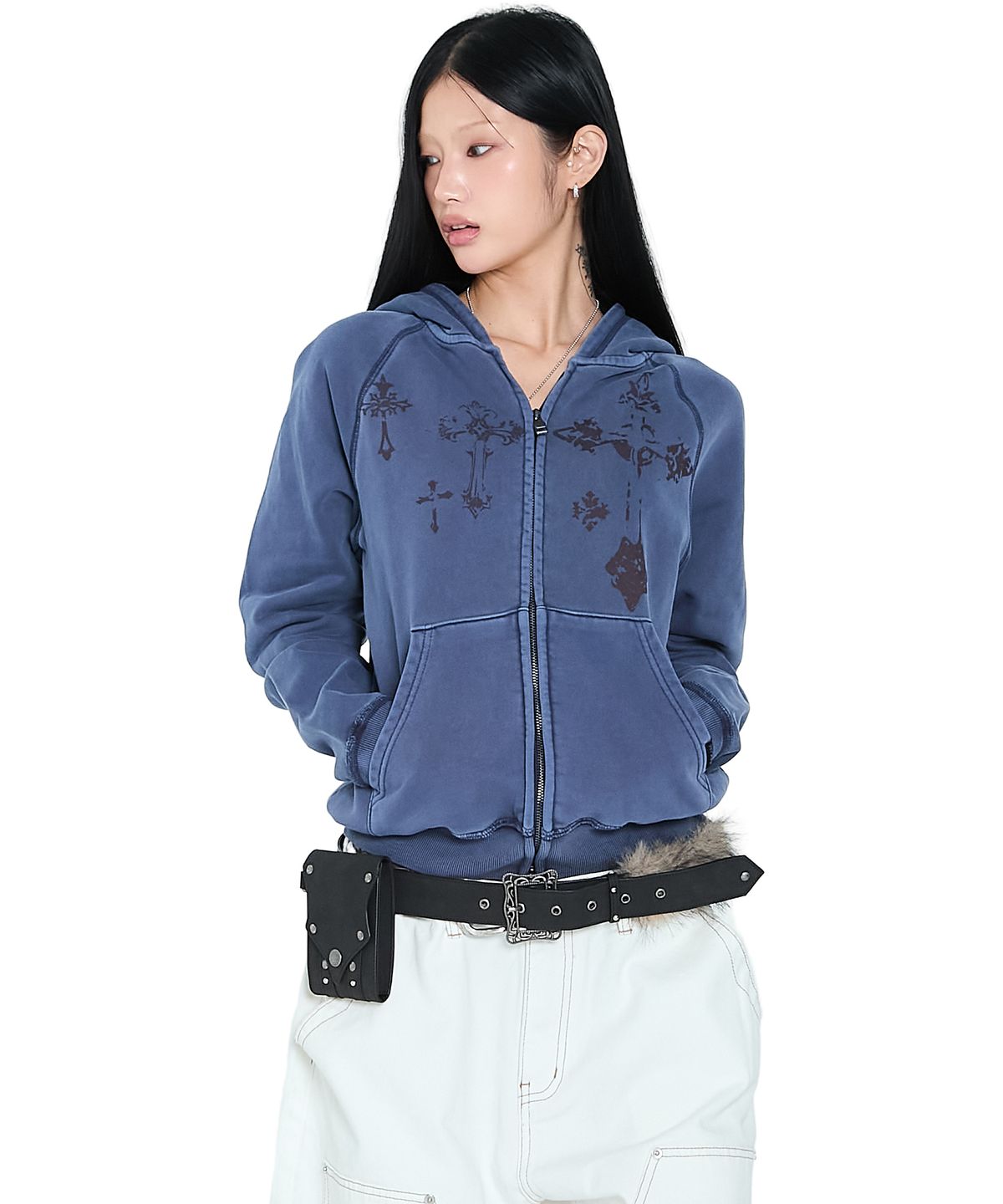 아캄(AAKAM) Pigment Dyed Cross Zip-Up Hoodie (Blue)