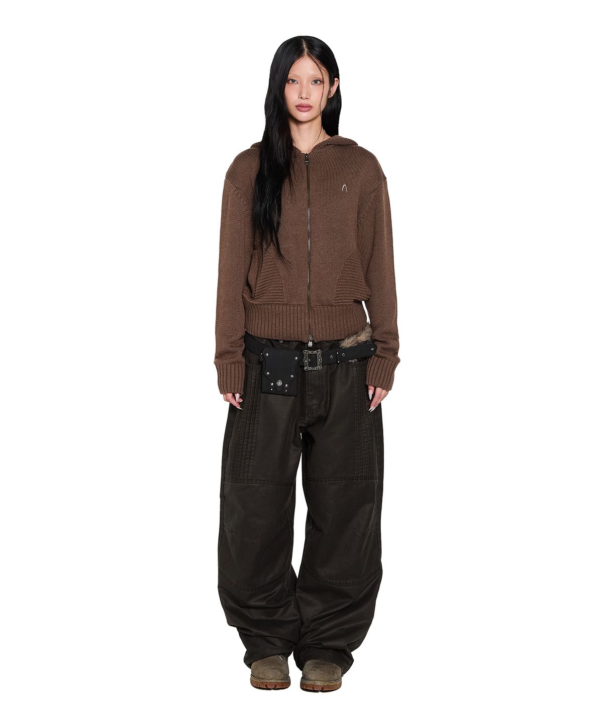 아캄(AAKAM) Structure Contrast Knitted Zip-Up Hoodie (Brown)