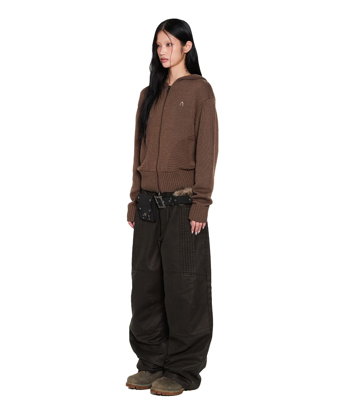 아캄(AAKAM) Structure Contrast Knitted Zip-Up Hoodie (Brown)