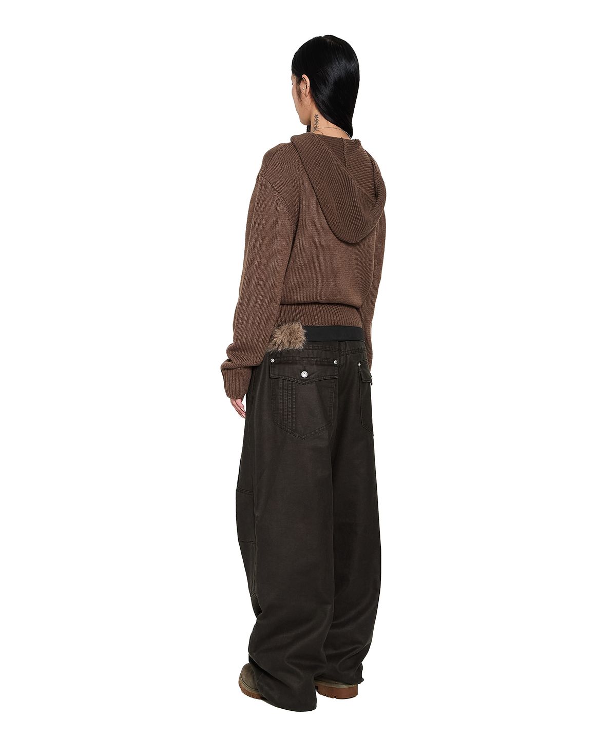 아캄(AAKAM) Structure Contrast Knitted Zip-Up Hoodie (Brown)