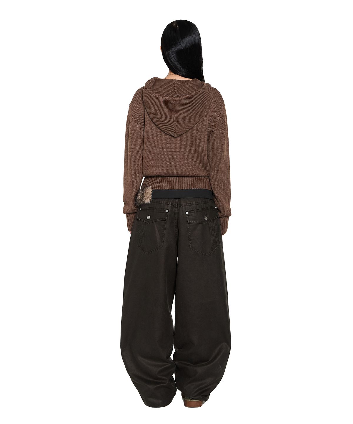 아캄(AAKAM) Structure Contrast Knitted Zip-Up Hoodie (Brown)