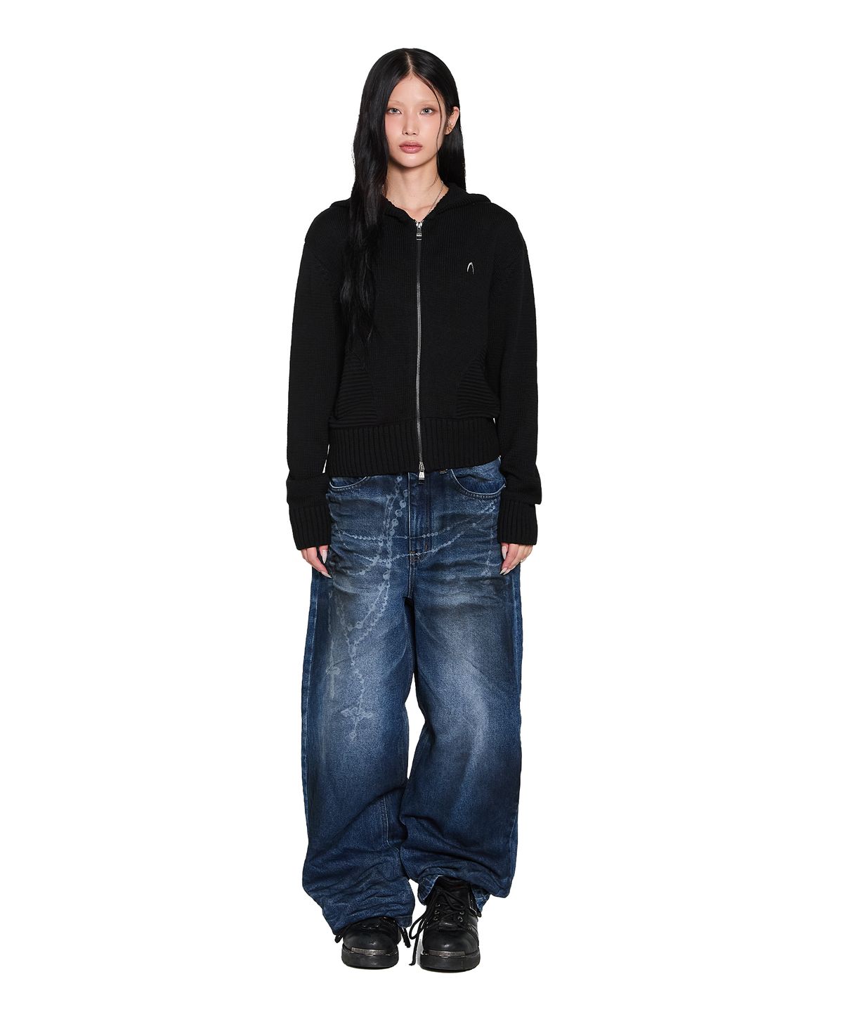 아캄(AAKAM) Structure Contrast Knitted Zip-Up Hoodie (Black)