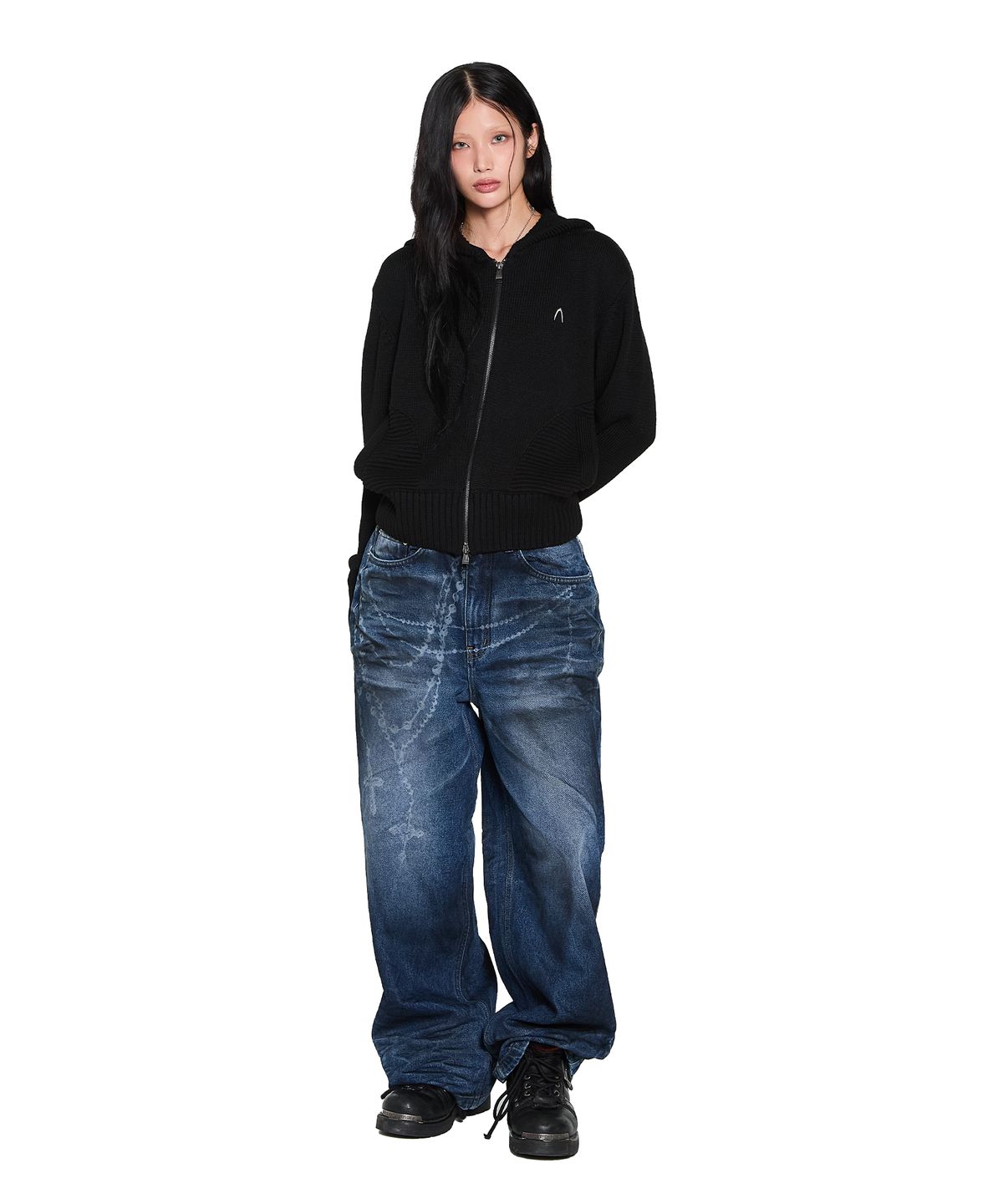 아캄(AAKAM) Structure Contrast Knitted Zip-Up Hoodie (Black)