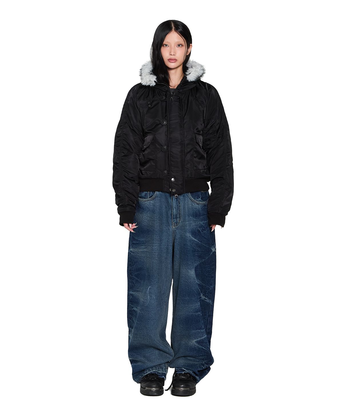 아캄(AAKAM) Hooded Fur MA-1 Jacket (Black)