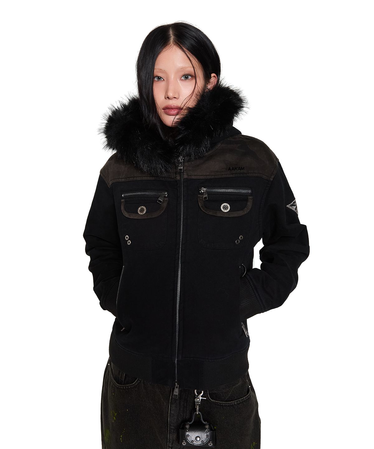아캄(AAKAM) Fur Camo Contrast Jacket (Black)