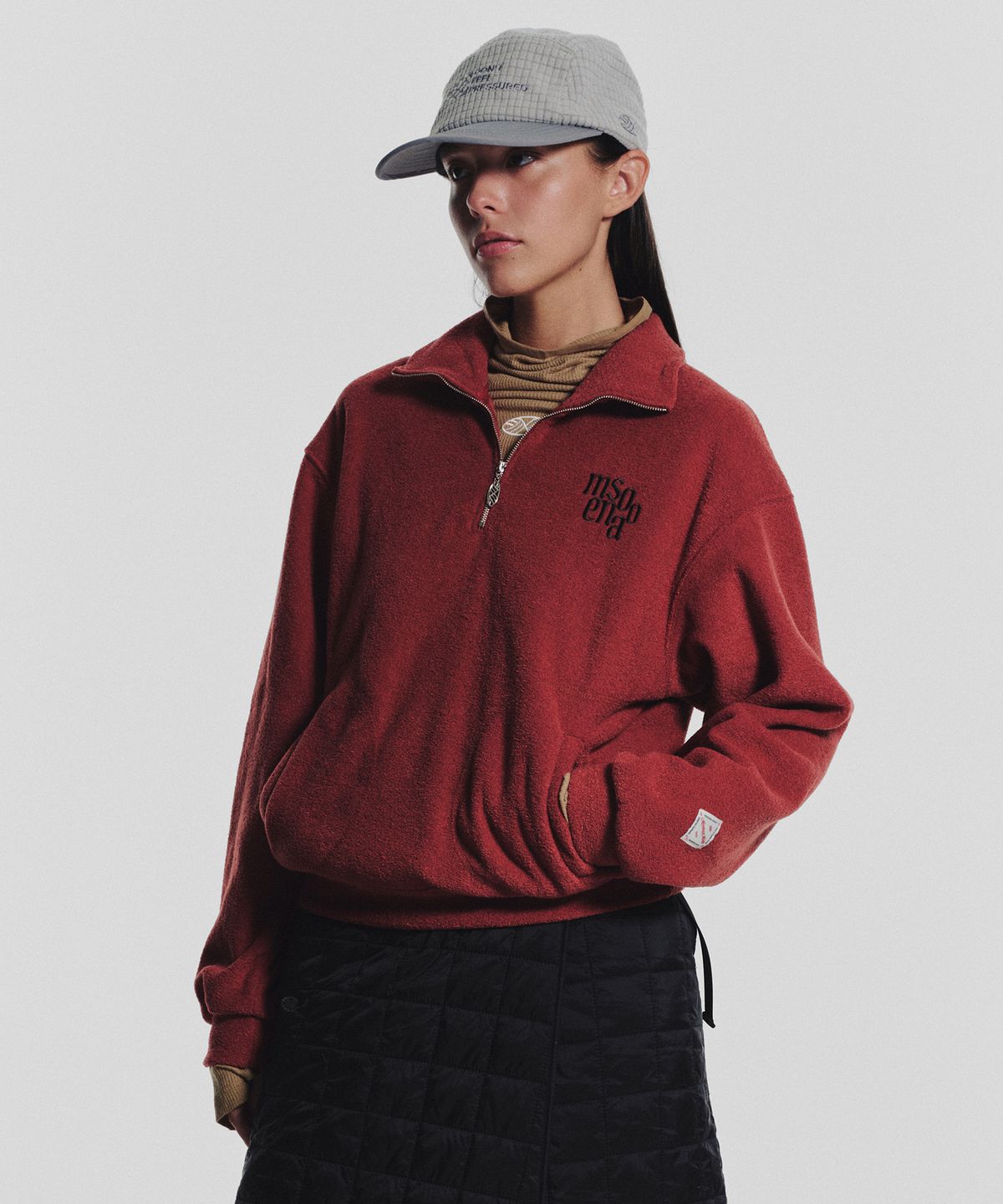 미나수(MENASOO) Terry Fleece Sweatshirt Half Zip Up_Red