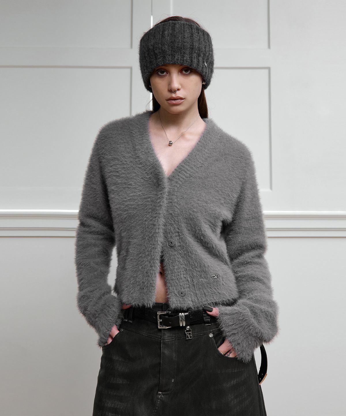 트리밍버드(TREEMINGBIRD) Crop Knit Cardigan [ Gray ]