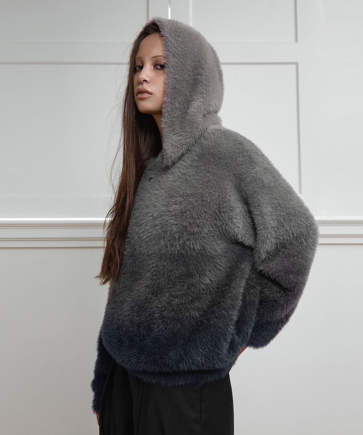 트리밍버드(TREEMINGBIRD) Gradient Hoodie Knit Pullover [ Gray ]