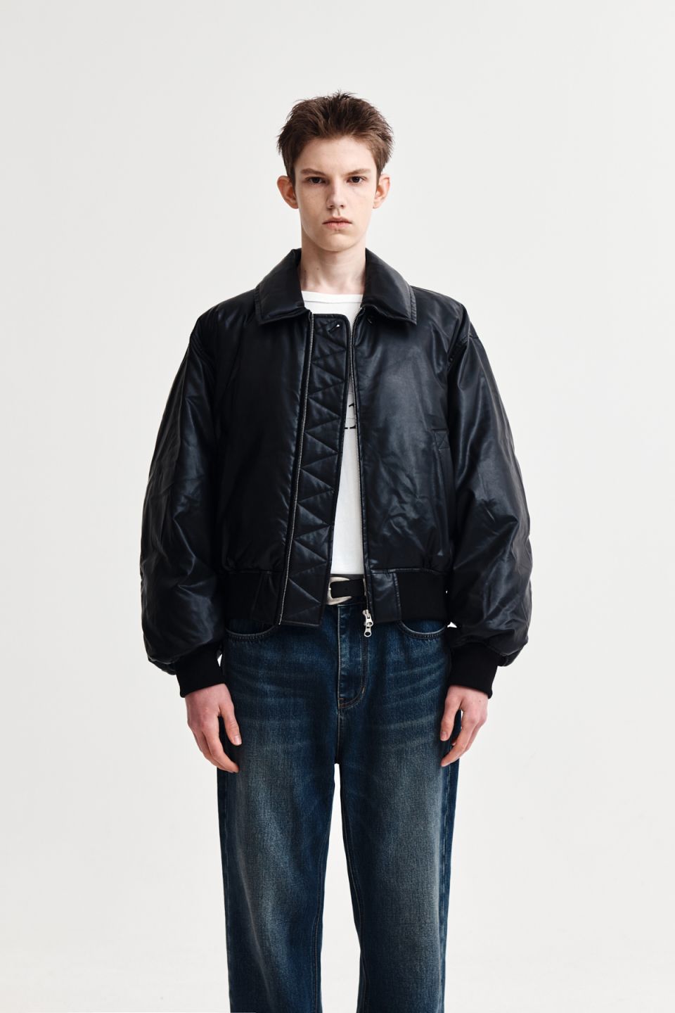 MUSINSA公式 | MATIN KIM FAUX LEATHER DOWN JUMPER FOR MEN IN BLACK