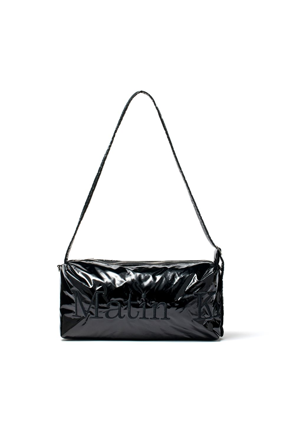 MUSINSA | MATIN KIM GLOSSY LOGO STITCH CROSS BAG IN BLACK