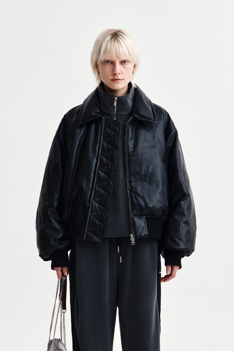 MUSINSA | MATIN KIM FAUX LEATHER DOWN JUMPER FOR WOMEN IN BLACK