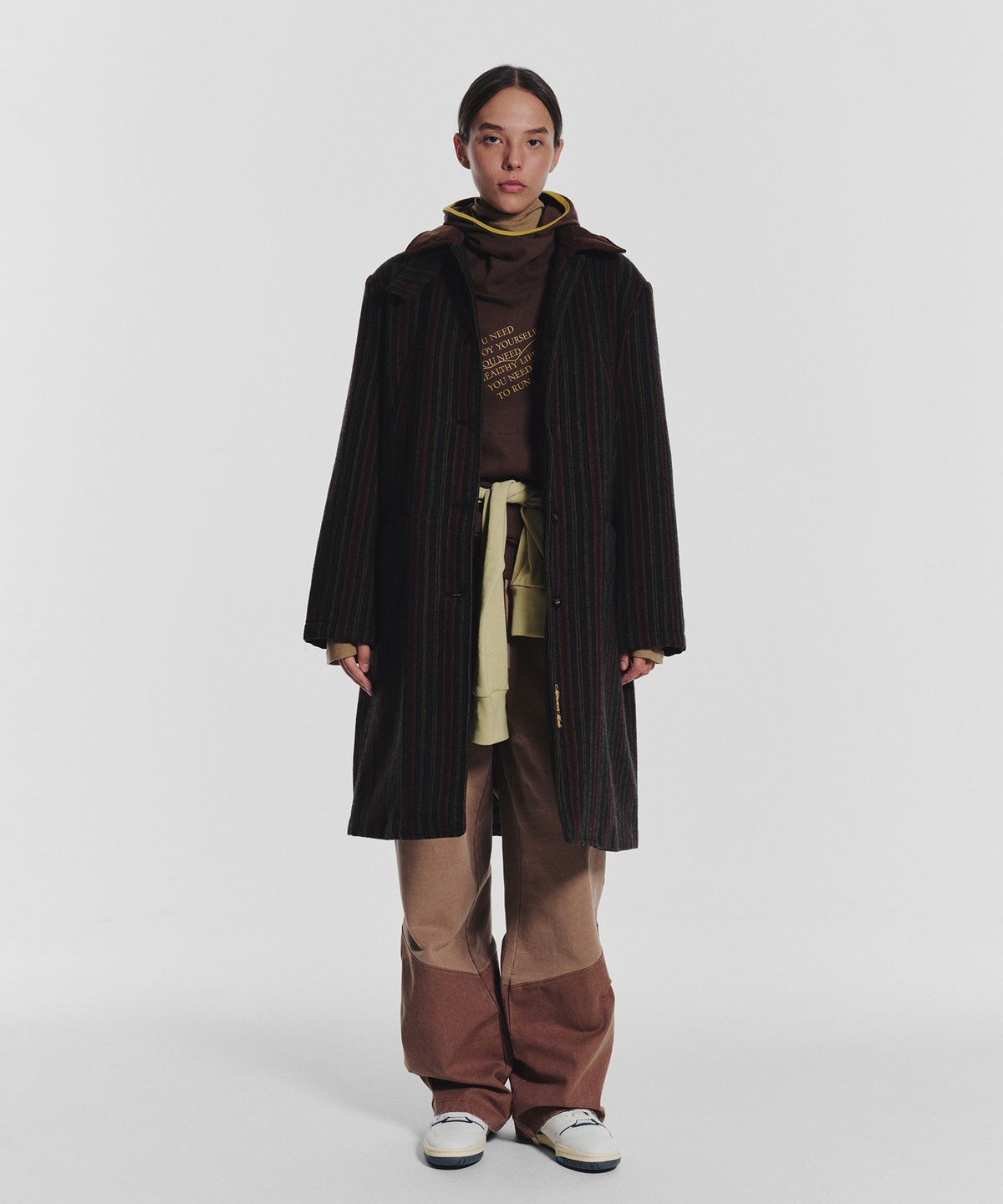 미나수(MENASOO) Striped Classic Long Coat_Green