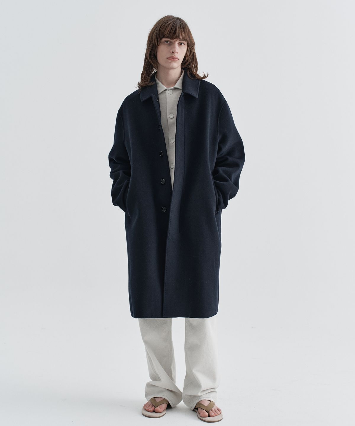 이지오(EZIO) Cashmere Blend Handmade Mac Coat_Navy
