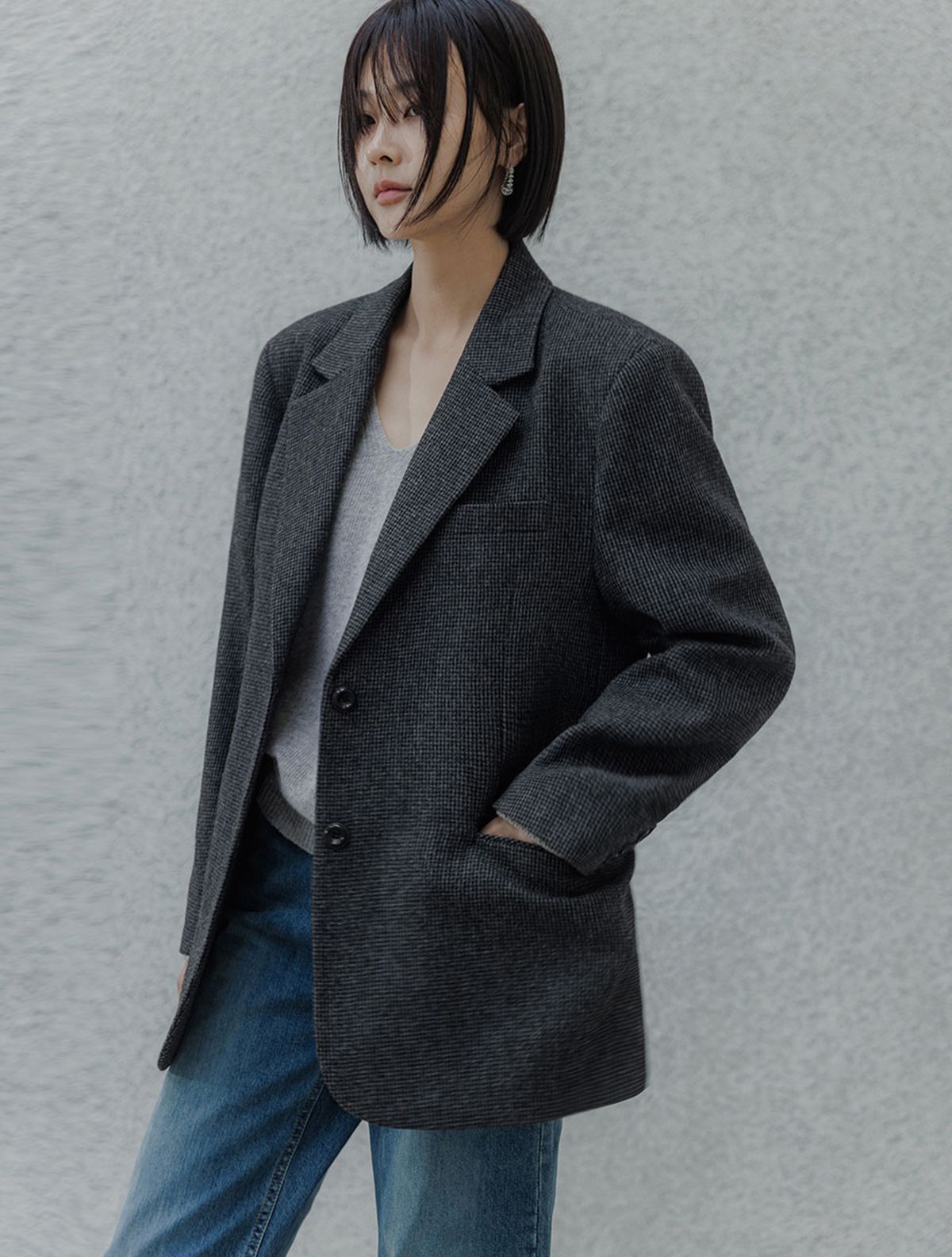 메무아(MEMUA) 헤리티지 체크 오버핏 울자켓
