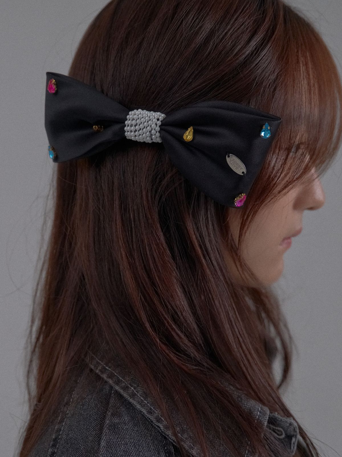 쏘리, 투 머치 러브(SORRY, TOO MUCH LOVE) Crystal Gem Satin Bow Hairpin_Black