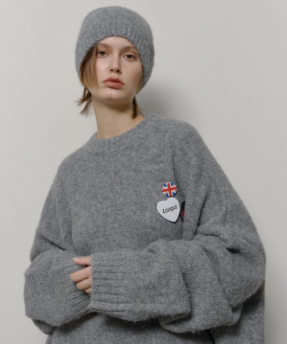 론크(LONQUE) BEANIE SET OVERSIZED KNIT (GREY)