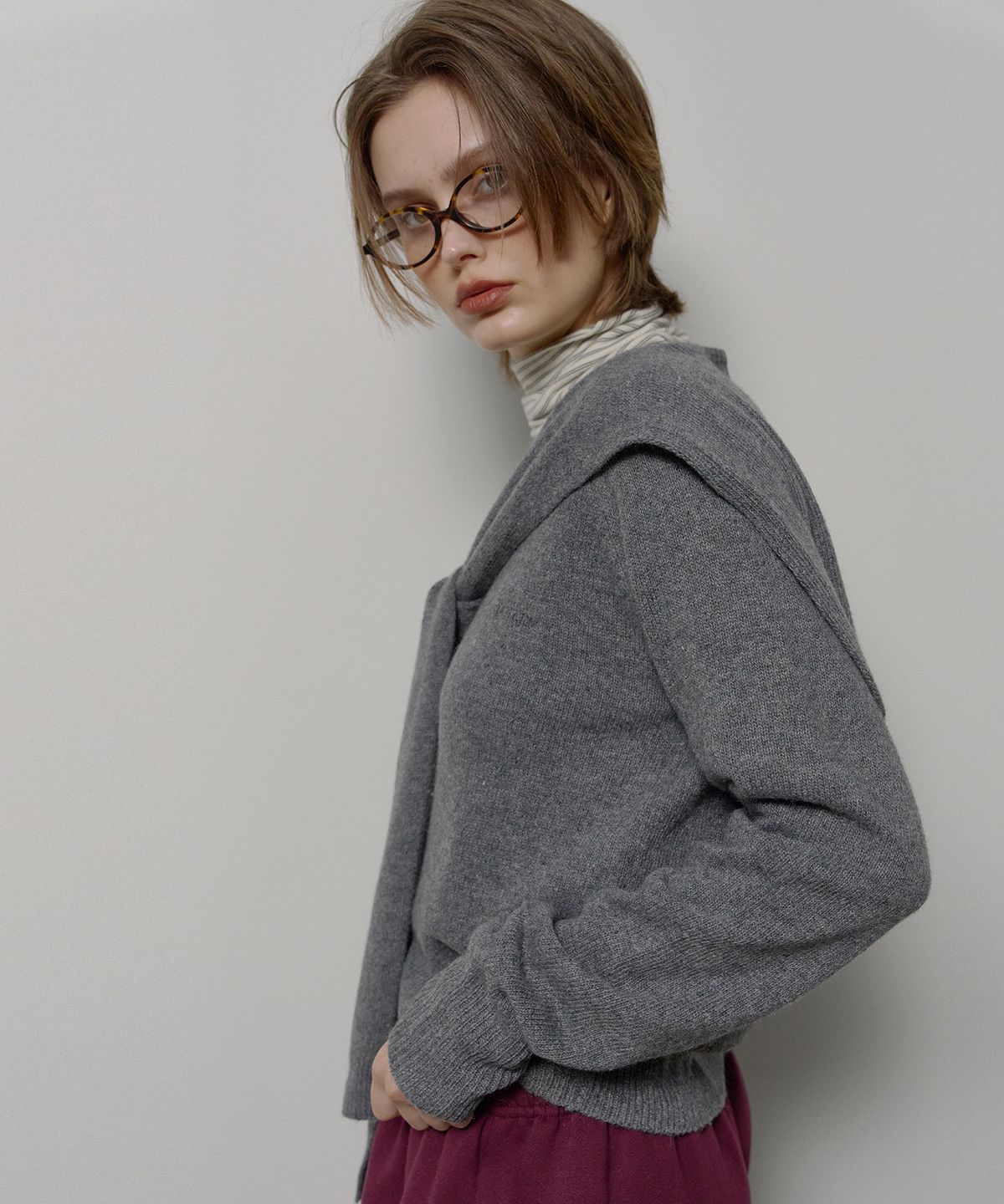 론크(LONQUE) SHAWL SET CARDIGAN (GREY)