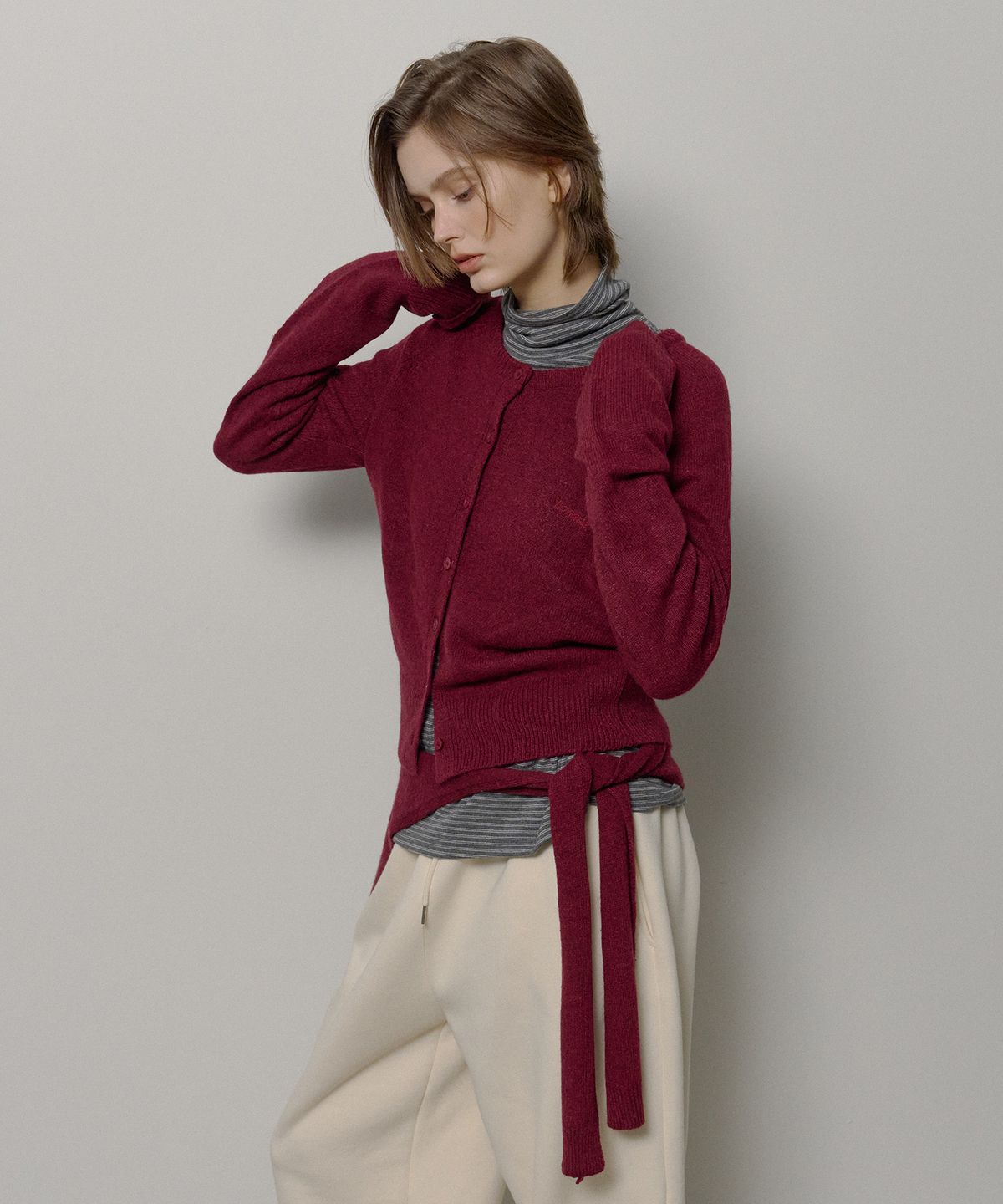론크(LONQUE) SHAWL SET CARDIGAN (WINE)