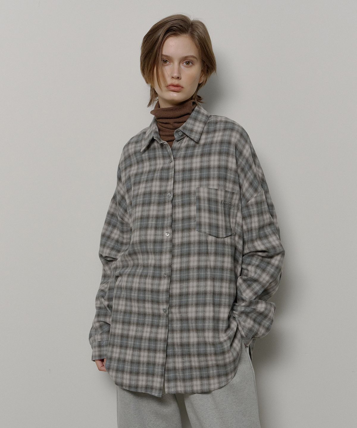 론크(LONQUE) FLANNEL CHECK SHIRT (GREY)
