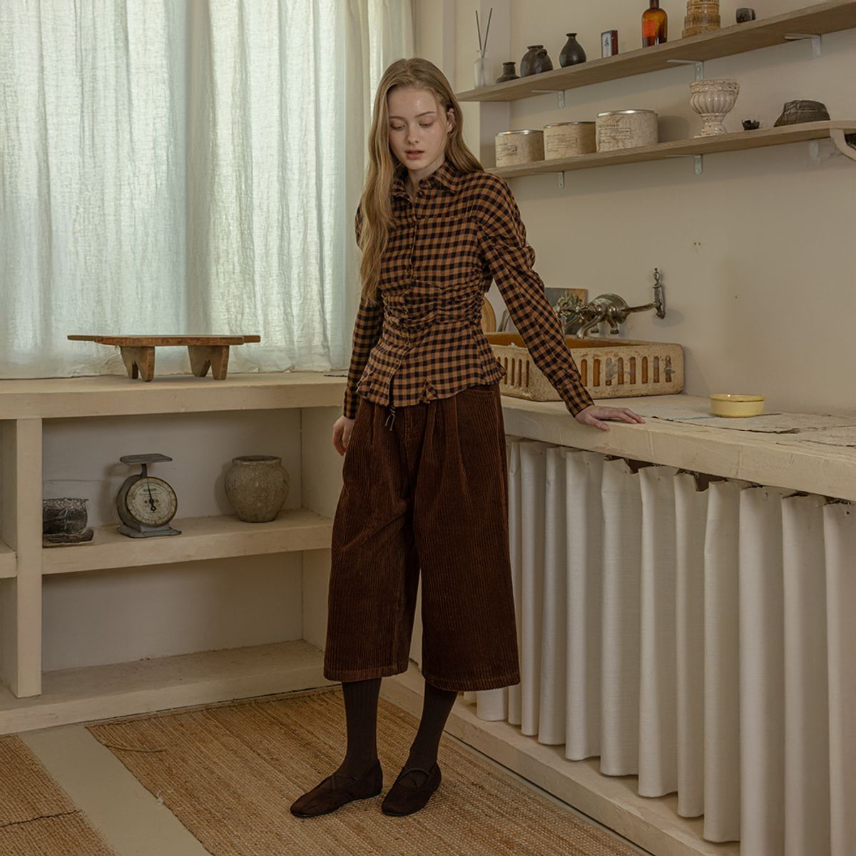 던드롭(DUNDROP) DD_Waist-cinching plaid shirt_YELLOW BROWN