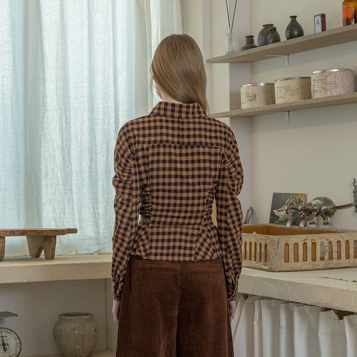 던드롭(DUNDROP) DD_Waist-cinching plaid shirt_YELLOW BROWN