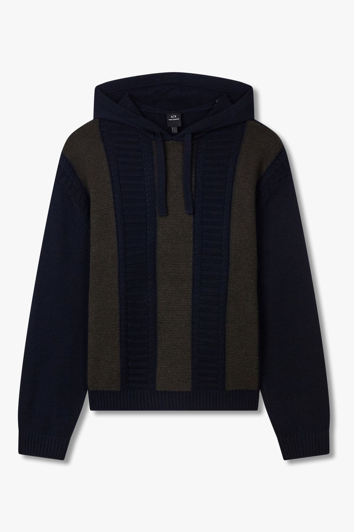 아르마니 익스체인지(ARMANI EXCHANGE) 남성 컬러 블록 후디드 니트 풀오버_다크 네이비 A415332020