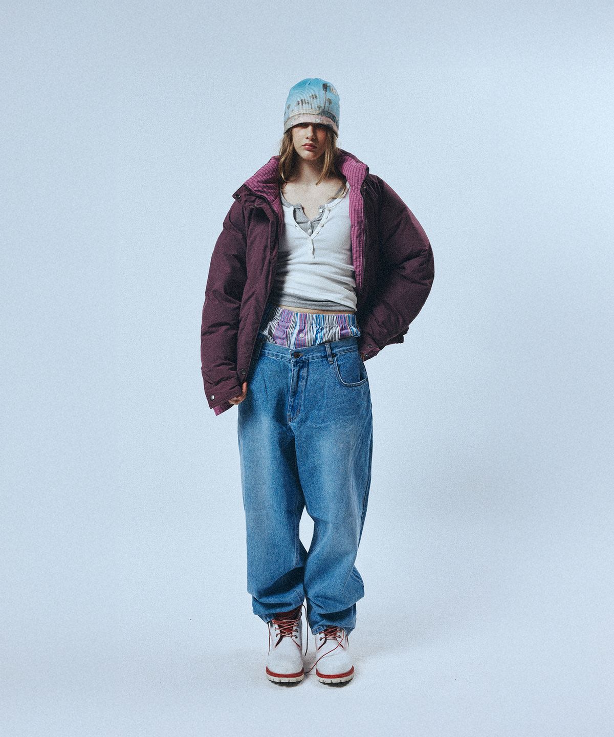 선데이후르츠마켓(SUNDAY FRUIT MARKET) CHECK REVERSIBLE DOWN PUFFER PURPLE