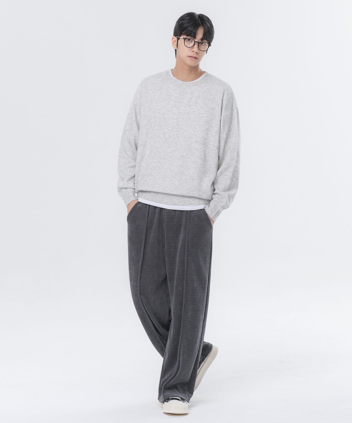 앨빈클로(ALVINCLO) [SET] 베이직 라운드 니트 핀턱 와이드 밴딩 팬츠 셋업