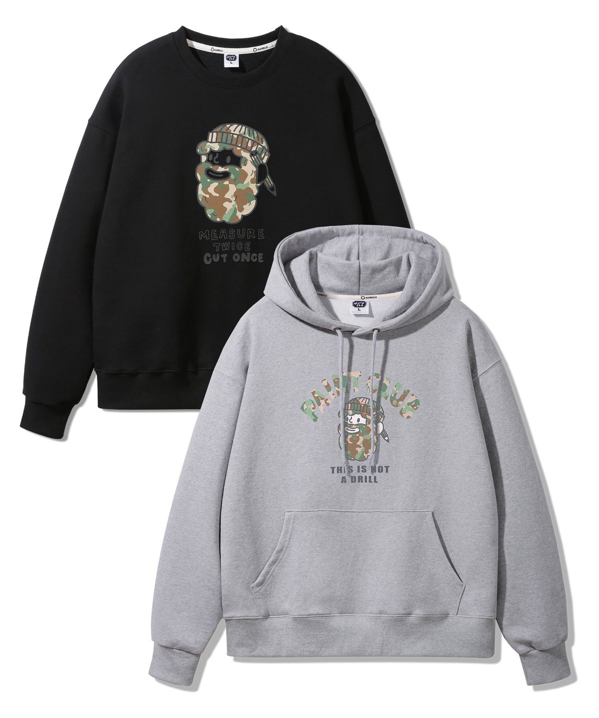앨빈클로(ALVINCLO) [2PACK] CAMO PAINT CLUP 오버핏 맨투맨 후드티 2종 패키지