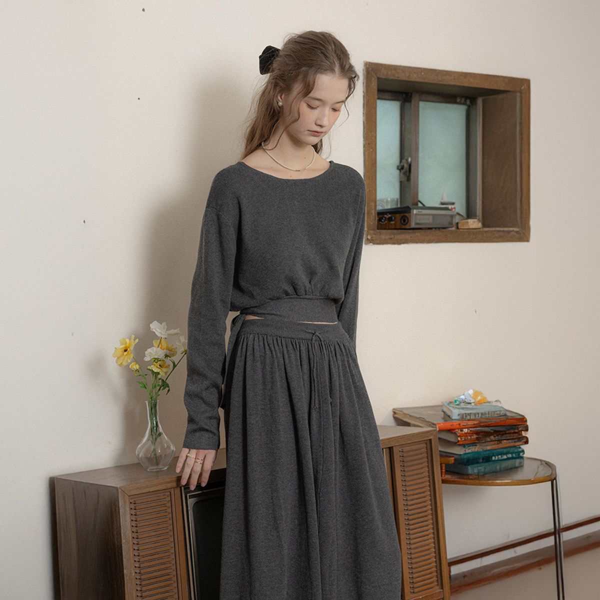 프라우드 마리(PROUD MARY) PM_Tie-strap knit top and skirt two-piece set_CHARCOAL