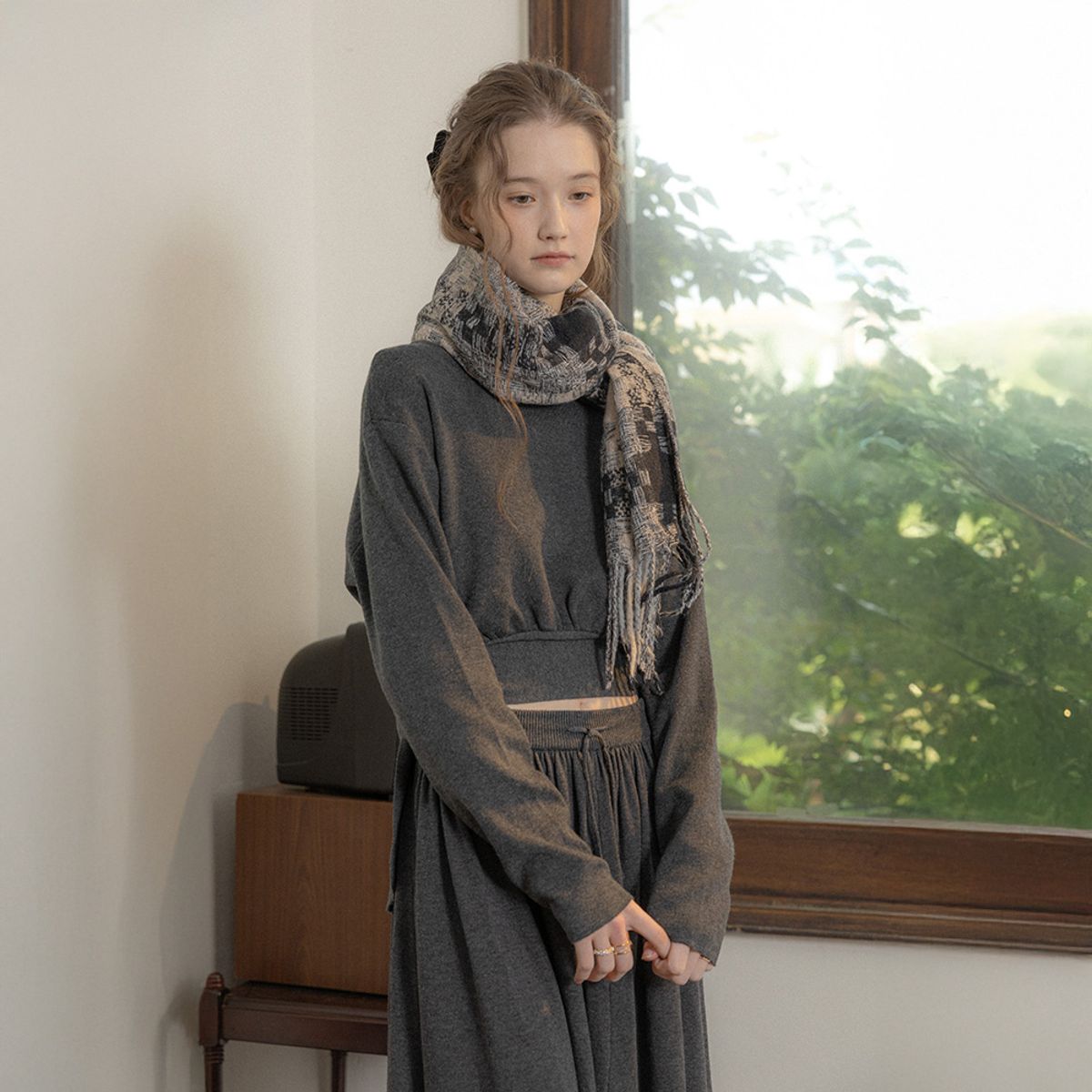 프라우드 마리(PROUD MARY) PM_Tie-strap knit top and skirt two-piece set_CHARCOAL