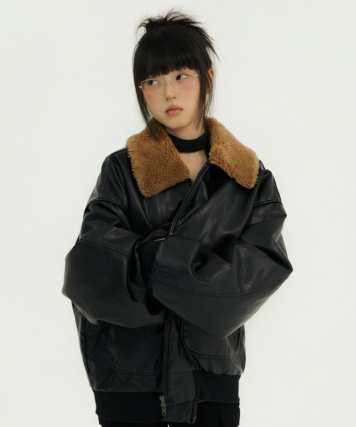 미레코(MIRECO) BIG POCKET FUR-COLLAR LEATHER JP BLACK