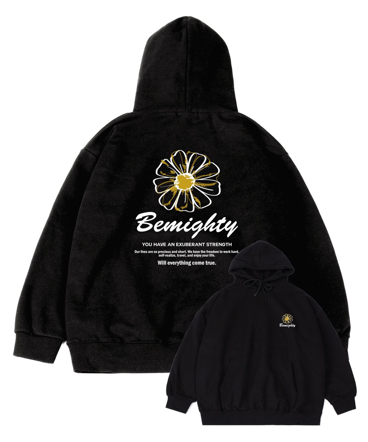 비마이티(BEMIGHTY) 스티치 플라워 오버핏 기모 후드티셔츠 [멜란그레이]