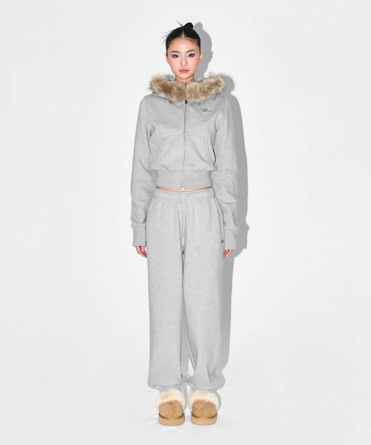 본투윈(BORN TO WIN) W CHROME B FUR TRIMMING HOODIE ZIP-UP [MELANGE GREY]