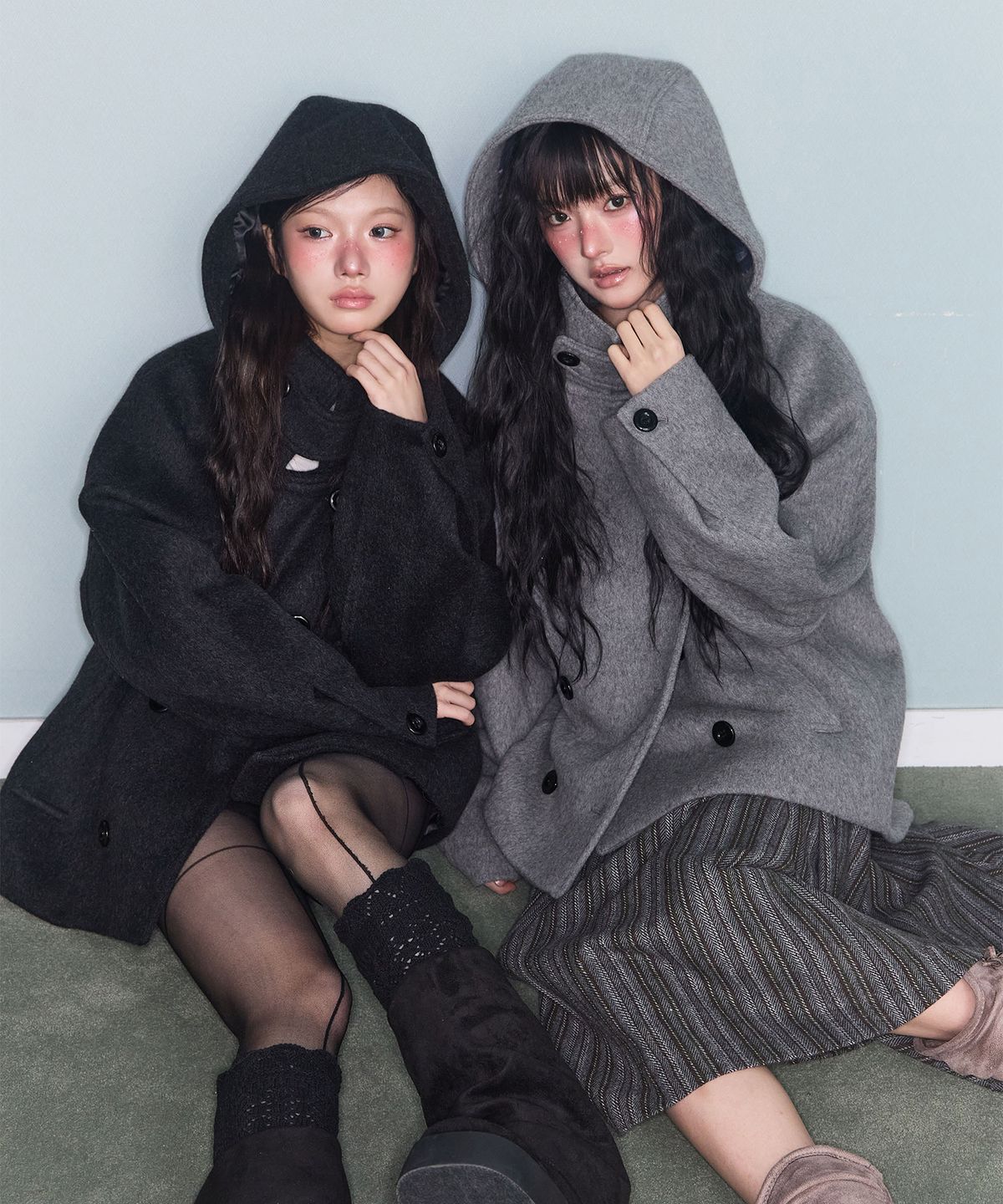 미레코(MIRECO) HOODED DOUBLE HALF COAT CHARCOAL