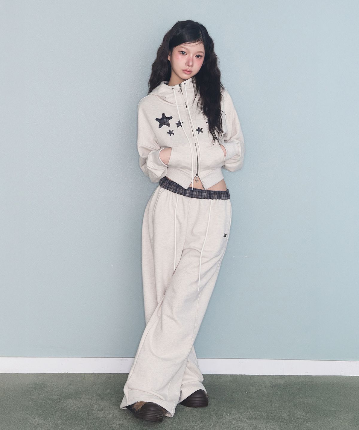 미레코(MIRECO) CHECK CONTRAST SWEAT PT OATMEAL
