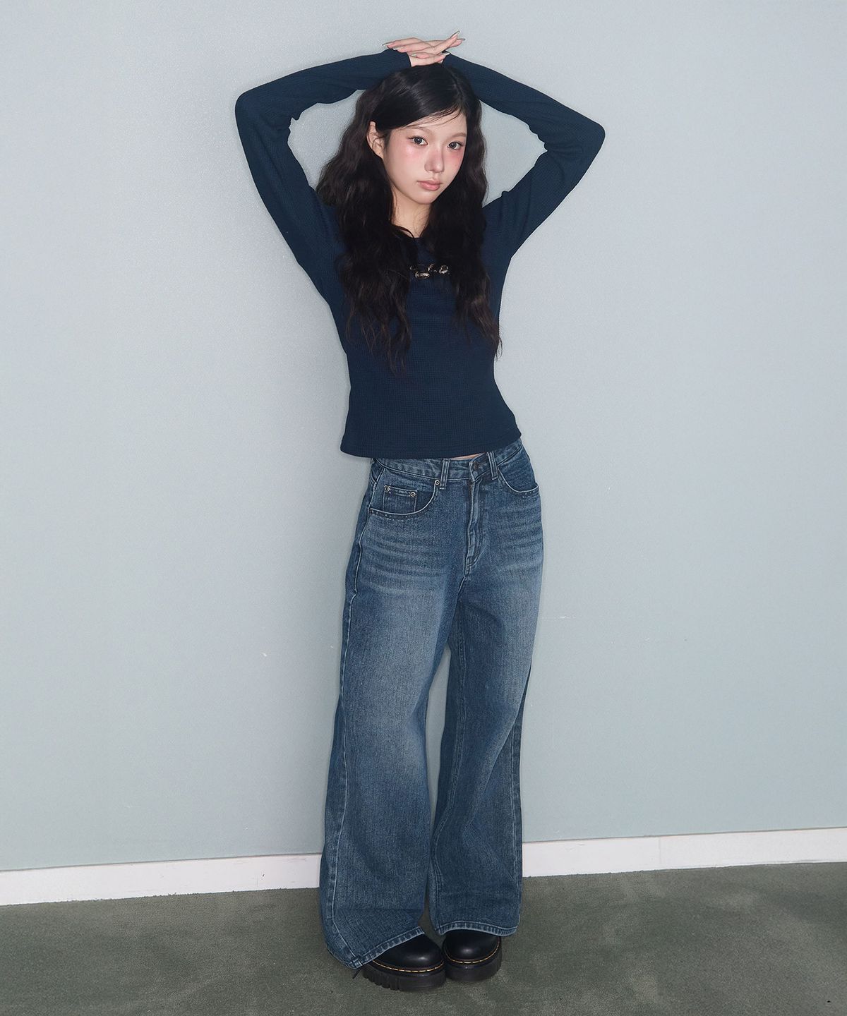 미레코(MIRECO) STITCH LINE WIDE DENIM PT BLUE