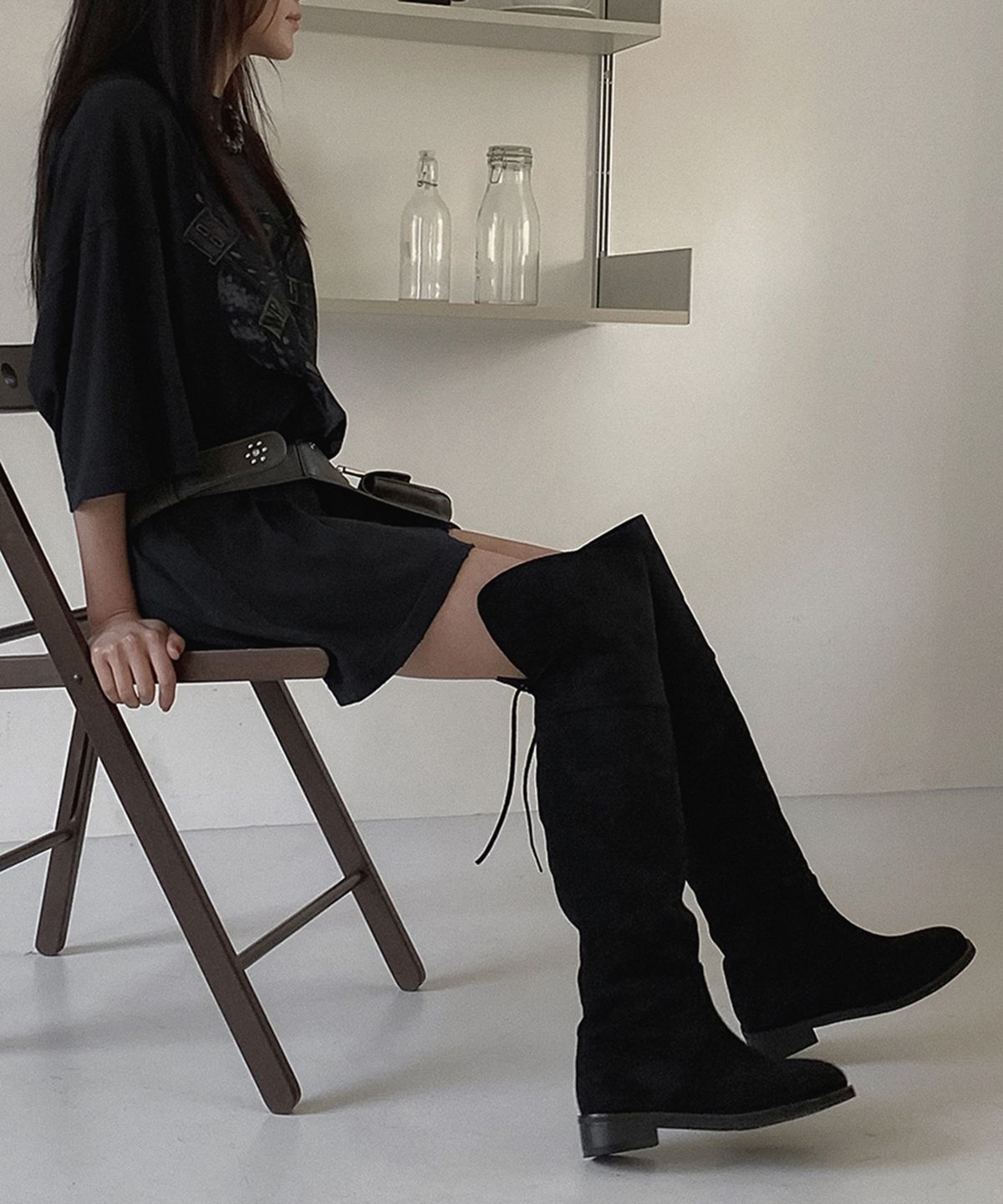무드앤플(MOODNPLE) merci 플랫 리본 하이부츠 3.5cm 1color