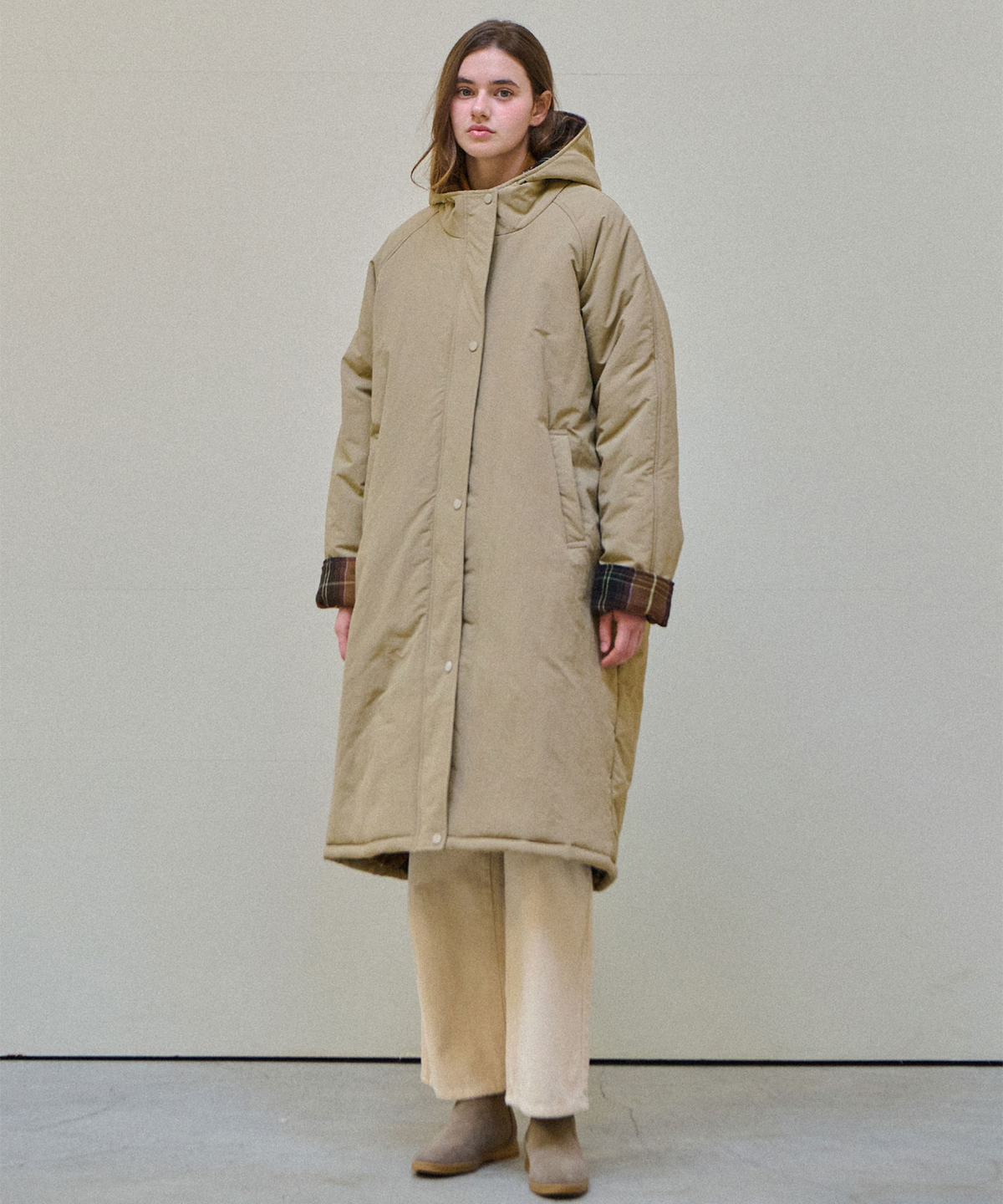 슬로우롤리(SLOWLOLLI) Check hooded long padding_2 Colors