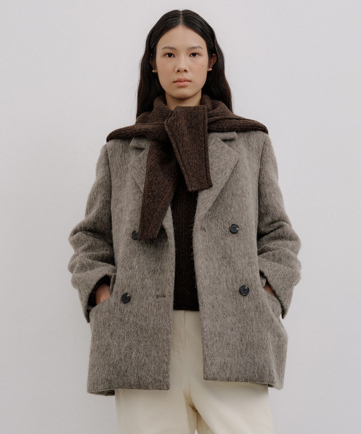 오떼뜨(OCTETTE) HAIRY ALPACA DOUBLE HALF COAT_BROWN