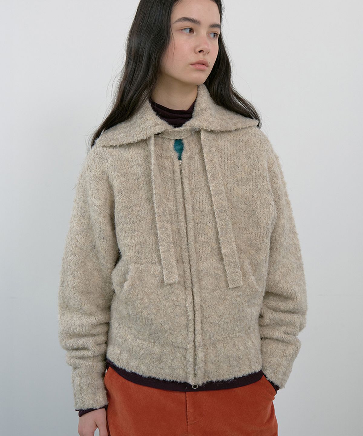 마조네(MA JOURNEE) TIE SET COZY BOUCLE KNIT ZIP-UP_OATMEAL