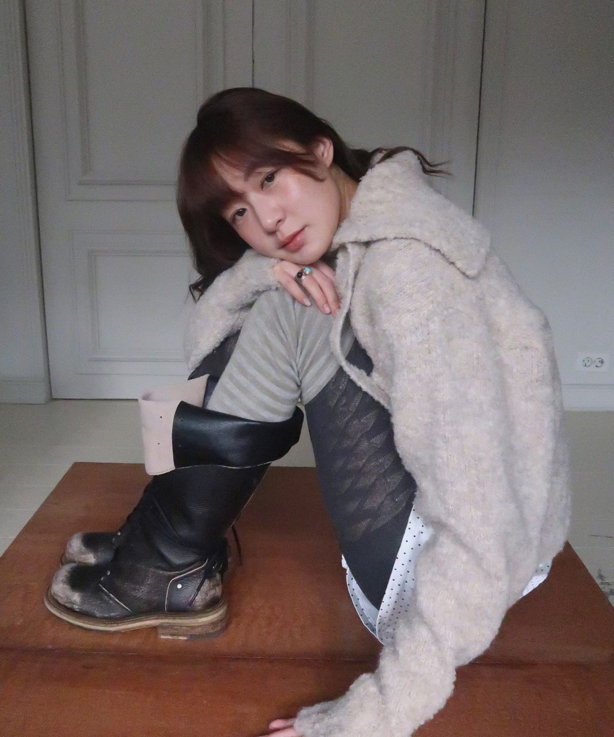 마조네(MA JOURNEE) TIE SET COZY BOUCLE KNIT ZIP-UP_OATMEAL