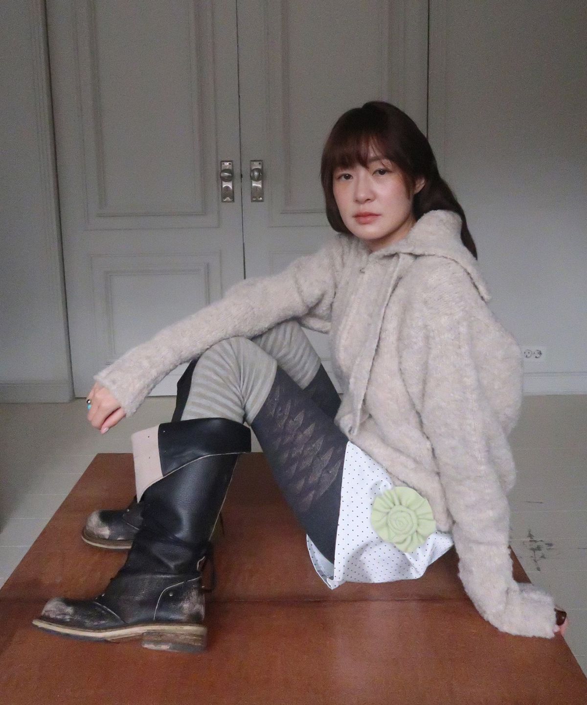 마조네(MA JOURNEE) TIE SET COZY BOUCLE KNIT ZIP-UP_OATMEAL