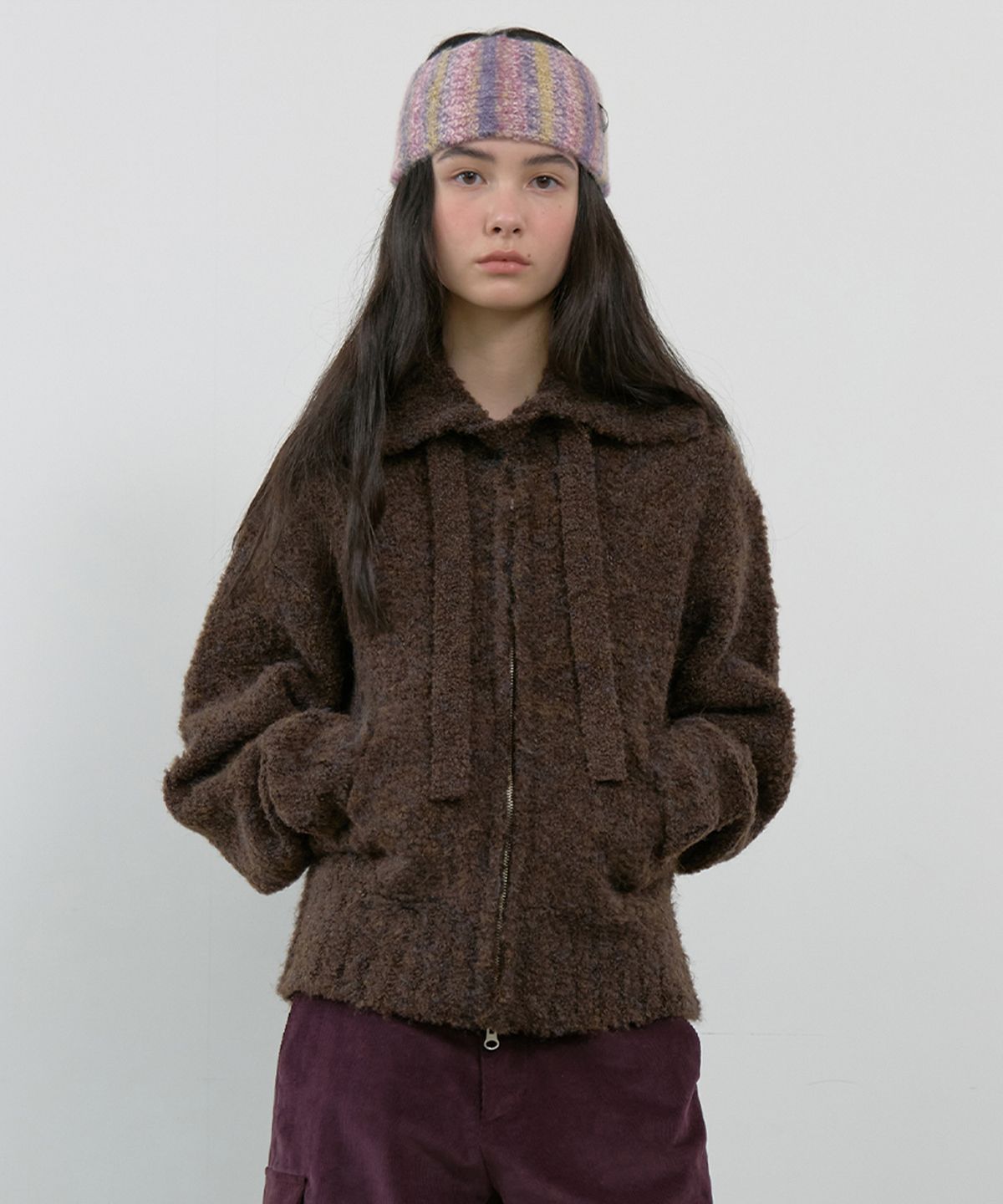 마조네(MA JOURNEE) TIE SET COZY BOUCLE KNIT ZIP-UP_BROWN