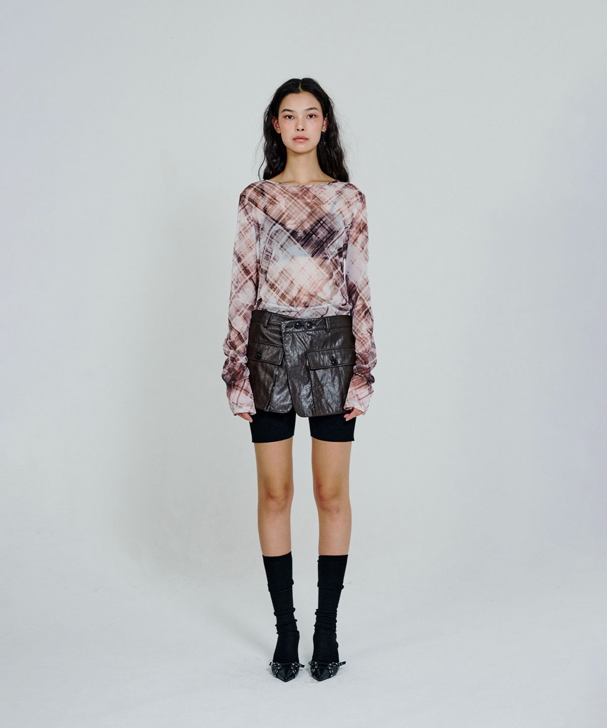 더애틋(THE AÉTUT) Check Mesh Long Sleeve T-Shirt_Brown
