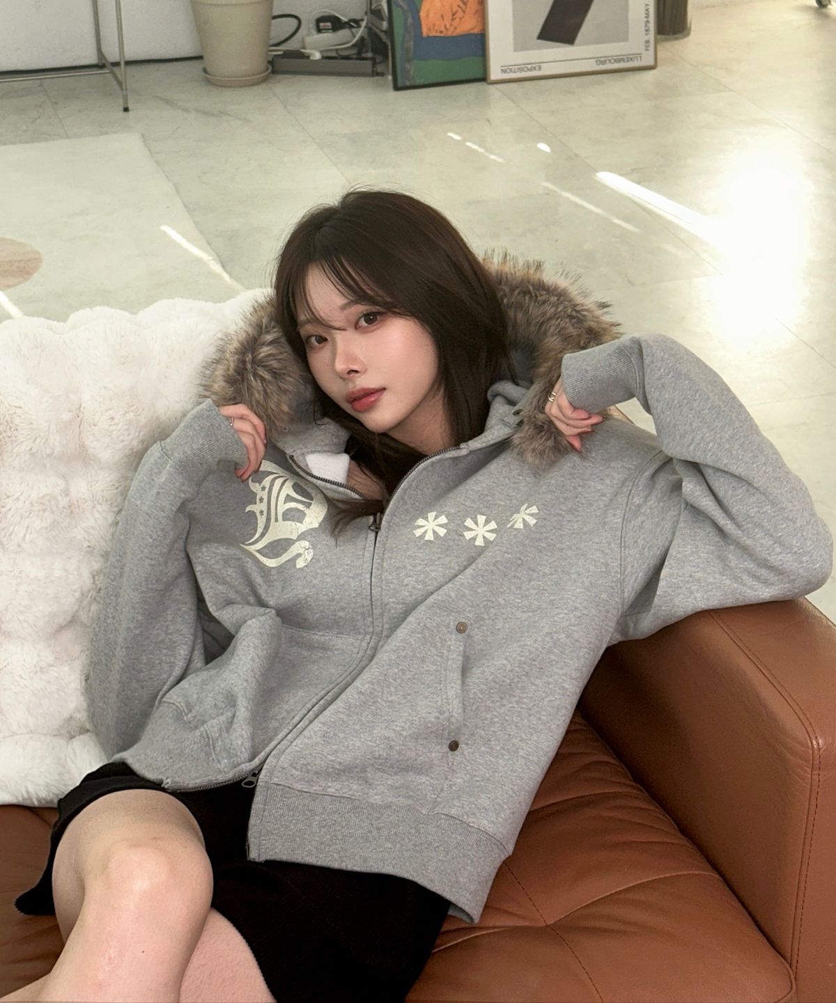 아모우(AMOU) AMOU Fur Hoodie Zip-Up GREY