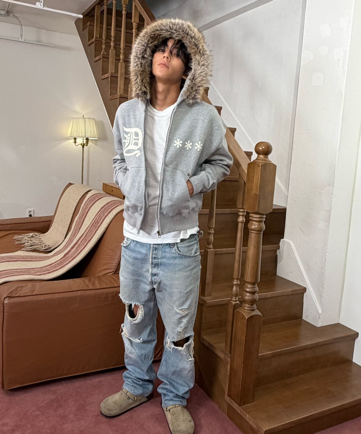 아모우(AMOU) AMOU Fur Hoodie Zip-Up GREY