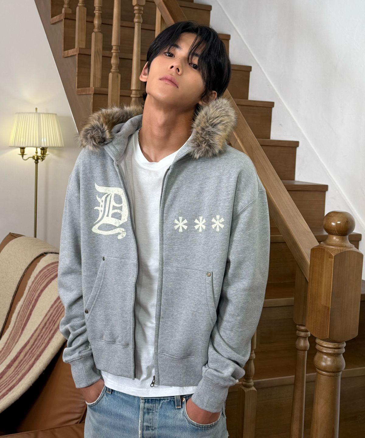 아모우(AMOU) AMOU Fur Hoodie Zip-Up GREY