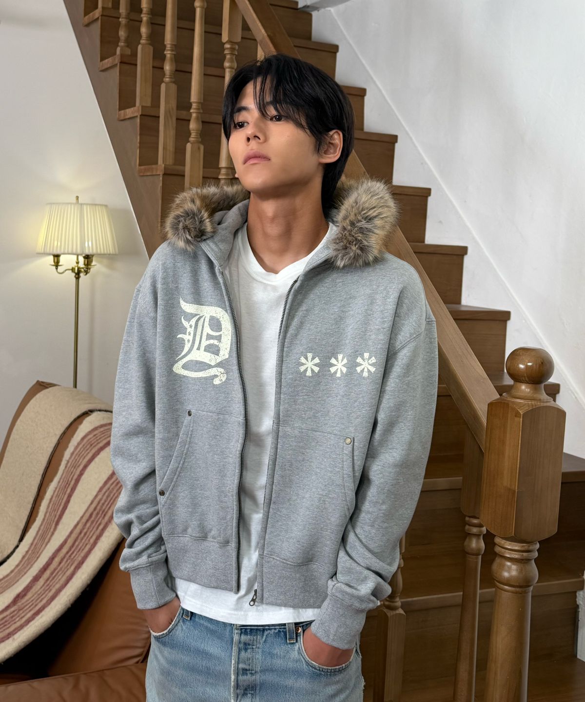 아모우(AMOU) AMOU Fur Hoodie Zip-Up GREY