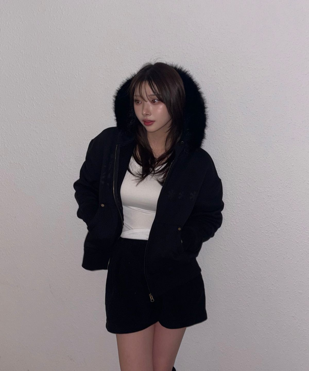 아모우(AMOU) AMOU Fur Hoodie Zip-Up BLACK